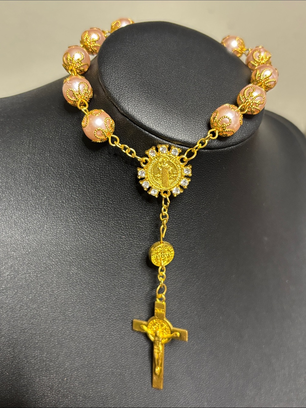 Gold-Tone Faux Pink Pearl Beaded Rosary Cross Religious Bracelet Car Accessory